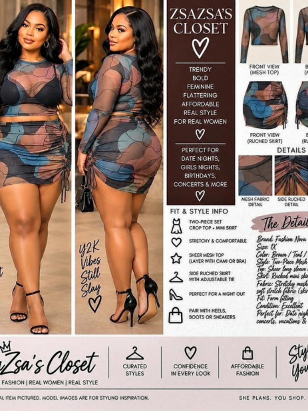 FASHION NOVA Luna Mesh Skirt Set Brown & Blue Size 1X